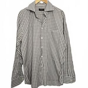 Canali Dress Shirt Men's 43 17 Cotton Brown Plaid Print Button Down Long Sleeve
